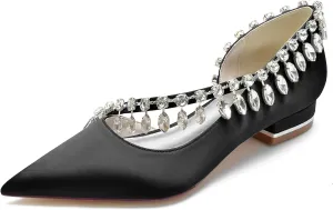 Women's Pointed Toe Satin Wedding Flats for Bride Slip-on Rhinestones Ballet Flats Prom Evening Party Dress Sandals