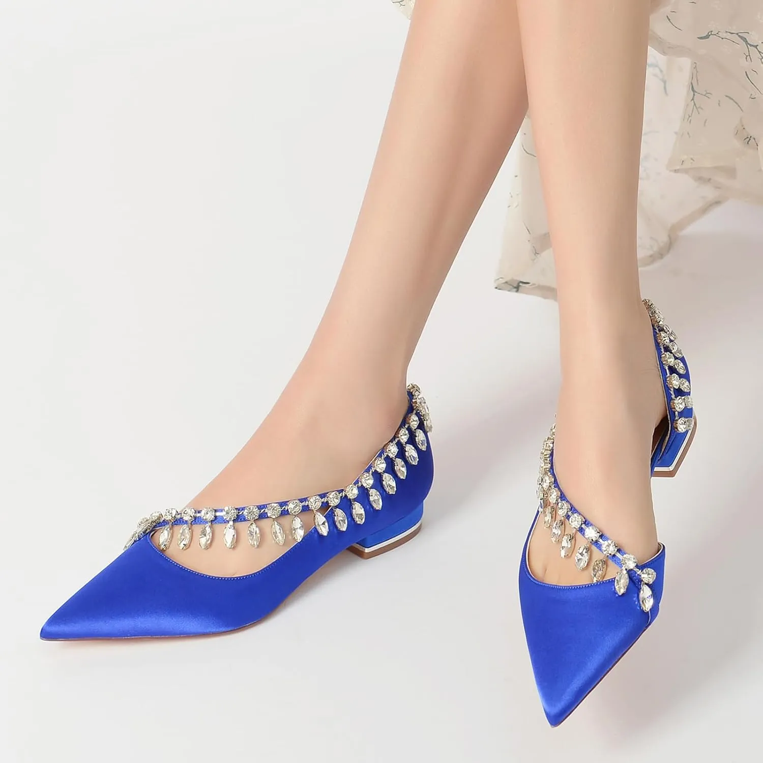 Women's Pointed Toe Satin Wedding Flats for Bride Slip-on Rhinestones Ballet Flats Prom Evening Party Dress Sandals