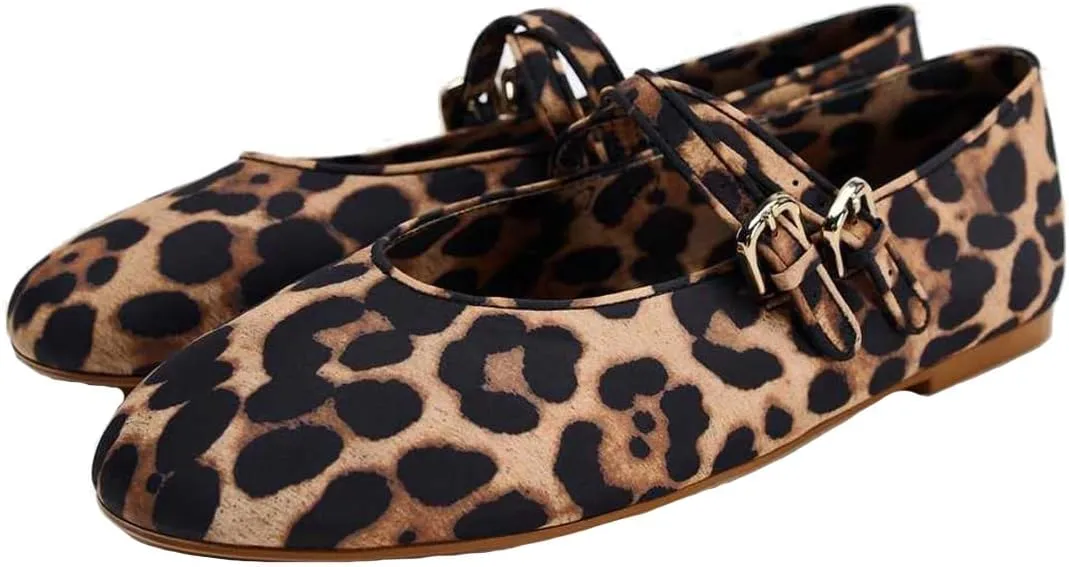 Women's Retro Leopard Ballet Flats Buckle Strap Mary Jane Flats Ballerina Shoes Round Toe Ballet Flat Shoes