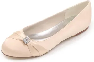 Women's Round Toe Satin Flats with Rhinestone Detail, Comfortable Dress Shoes for Wedding, Bridal, & Everyday Wear - Slip-On Pumps & Sandals