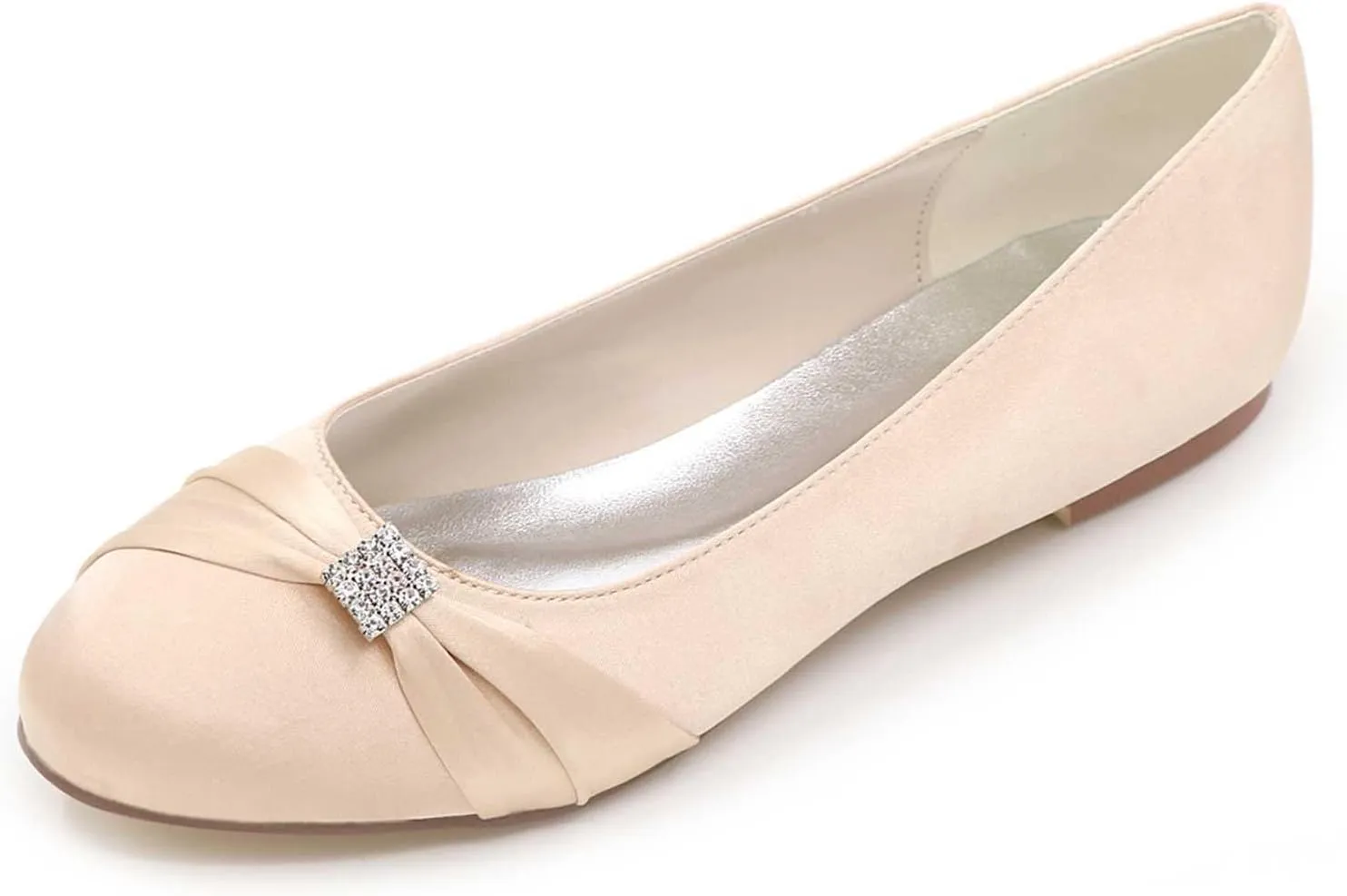 Women's Round Toe Satin Flats with Rhinestone Detail, Comfortable Dress Shoes for Wedding, Bridal, & Everyday Wear - Slip-On Pumps & Sandals