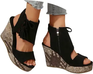 Womens Sandals Dressy Suede High Wedges Heels For Women Side Zipper Lace-Up Open Toe Wedge Sandals Beach Dress Shoes