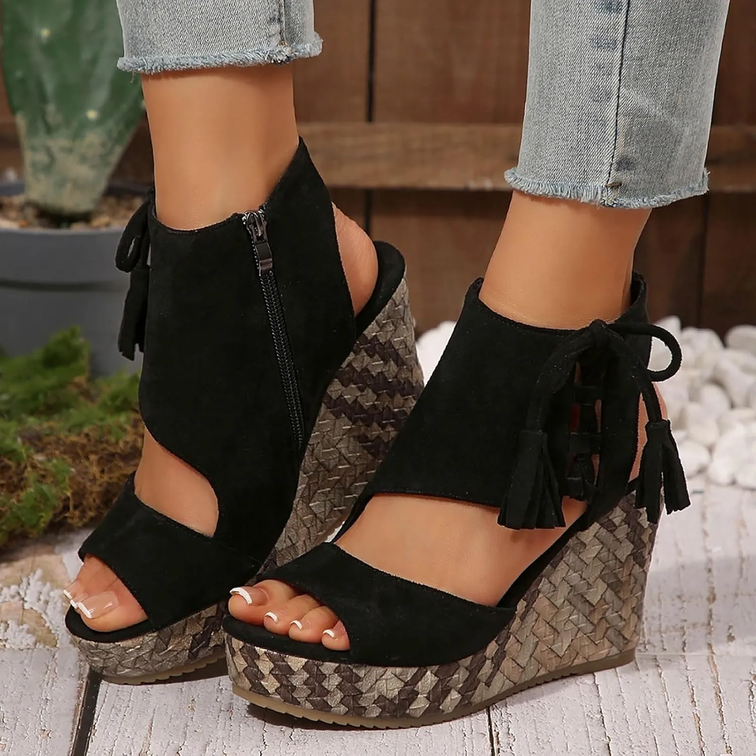 Womens Sandals Dressy Suede High Wedges Heels For Women Side Zipper Lace-Up Open Toe Wedge Sandals Beach Dress Shoes