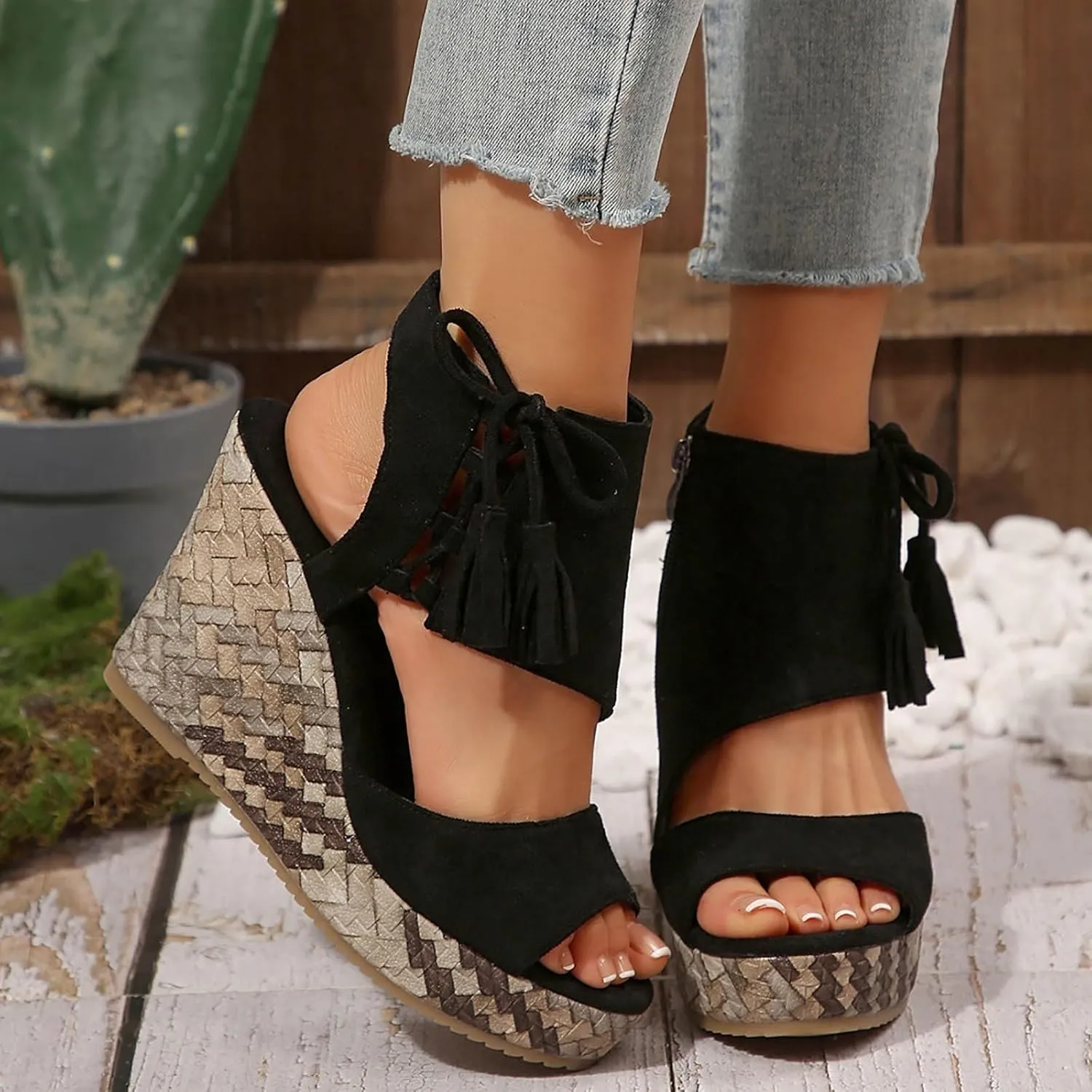 Womens Sandals Dressy Suede High Wedges Heels For Women Side Zipper Lace-Up Open Toe Wedge Sandals Beach Dress Shoes