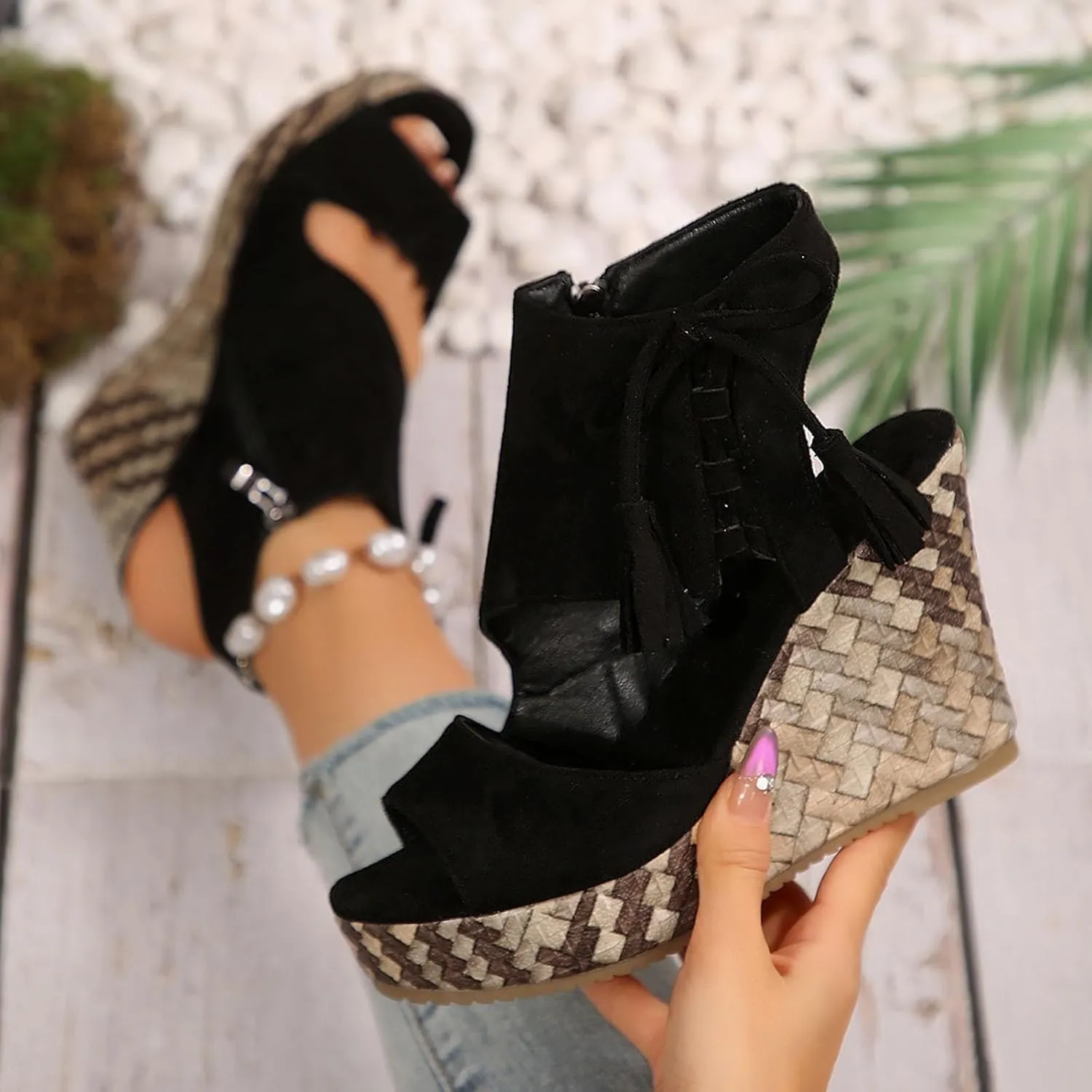 Womens Sandals Dressy Suede High Wedges Heels For Women Side Zipper Lace-Up Open Toe Wedge Sandals Beach Dress Shoes