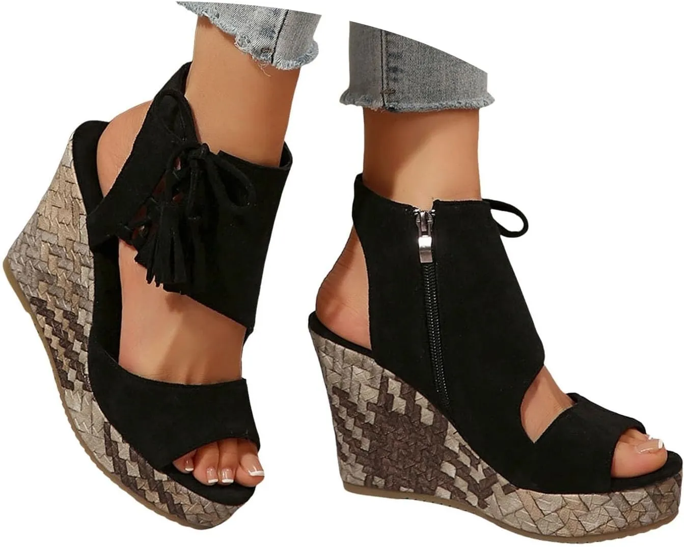 Womens Sandals Dressy Suede High Wedges Heels For Women Side Zipper Lace-Up Open Toe Wedge Sandals Beach Dress Shoes