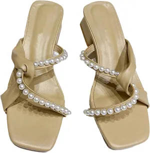 Women's Shiny Pearl Strappy Low Heel Slides Sandals Fashion Square Open Toe Slip On Comfortable Low Chunky Heel Walking Dress Slippers