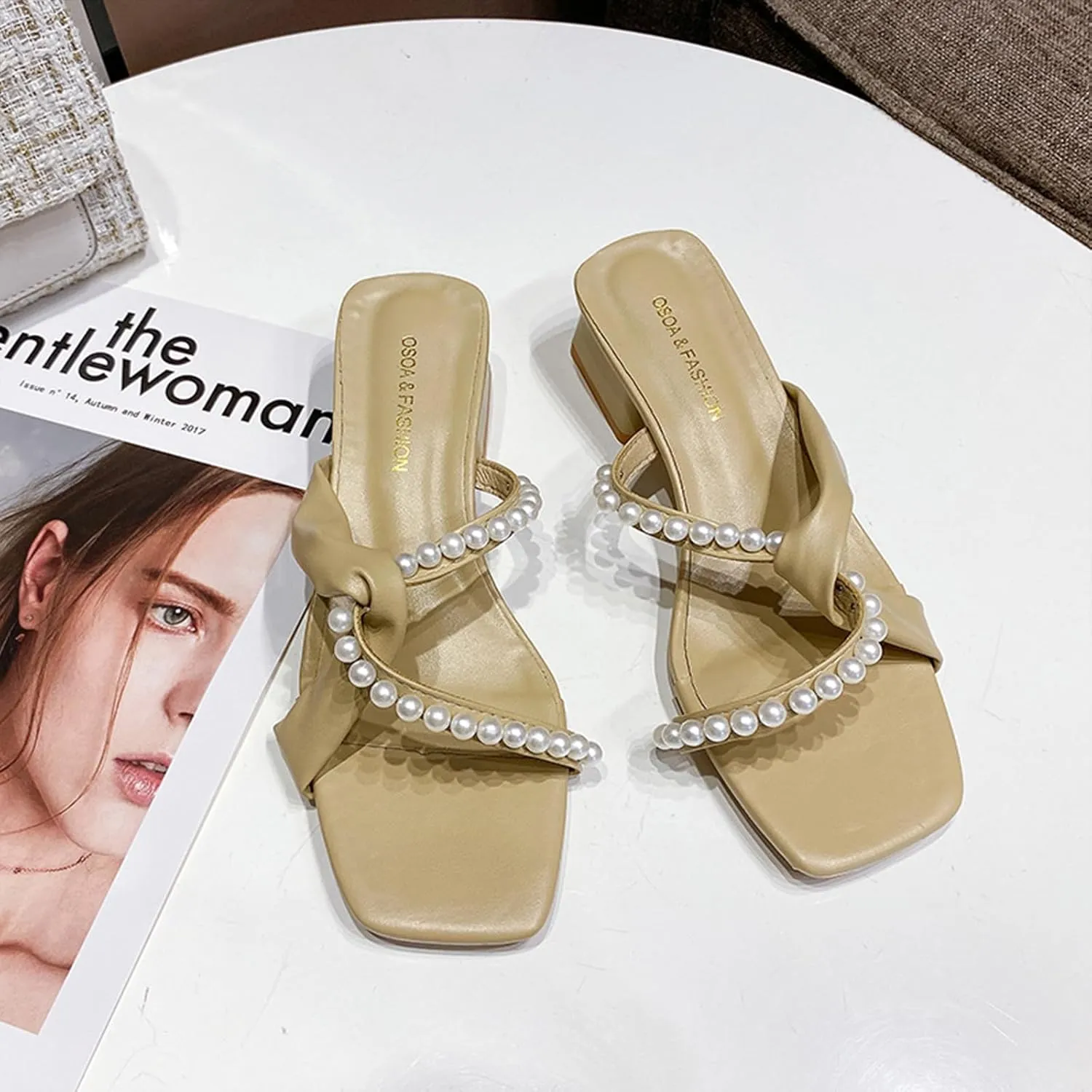 Women's Shiny Pearl Strappy Low Heel Slides Sandals Fashion Square Open Toe Slip On Comfortable Low Chunky Heel Walking Dress Slippers