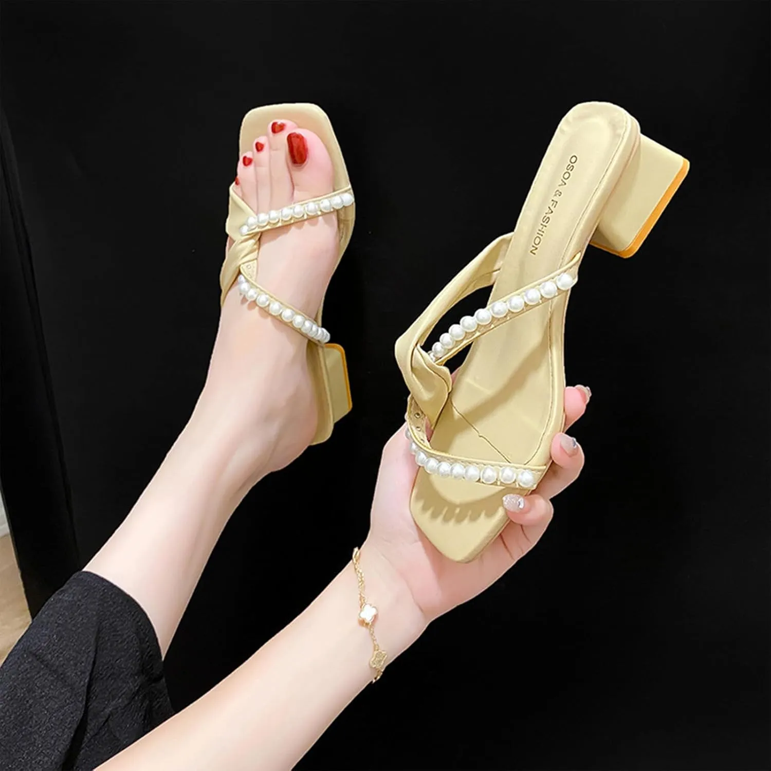 Women's Shiny Pearl Strappy Low Heel Slides Sandals Fashion Square Open Toe Slip On Comfortable Low Chunky Heel Walking Dress Slippers