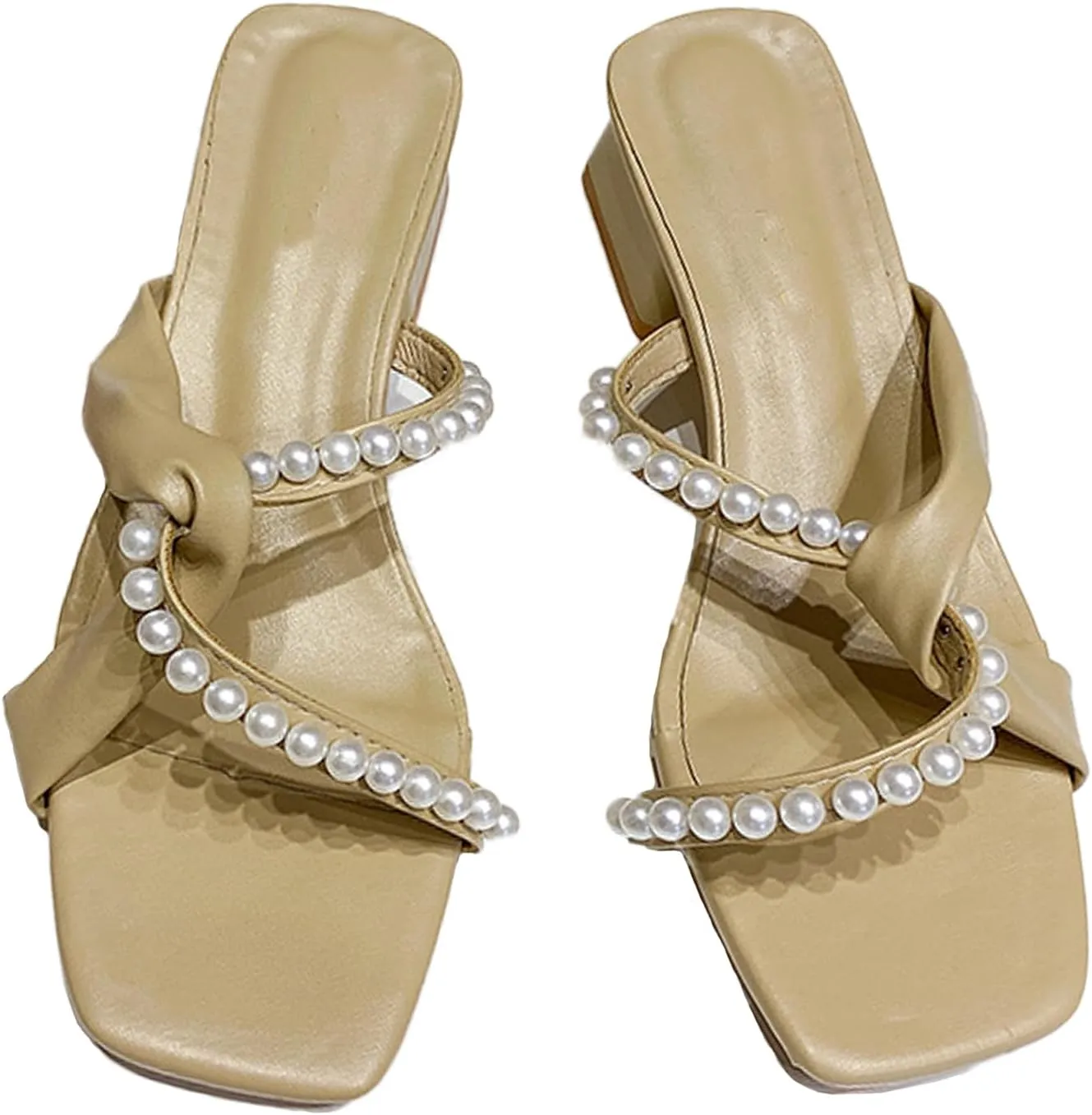 Women's Shiny Pearl Strappy Low Heel Slides Sandals Fashion Square Open Toe Slip On Comfortable Low Chunky Heel Walking Dress Slippers