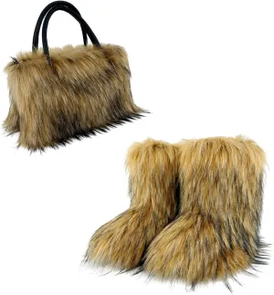 Women's Shoulder Handbags Faux Fur Tote Bag Fluffy Handbags Winter Handbag Boots Set Plush Tote Bag Mid Calf Boots, Brown 39