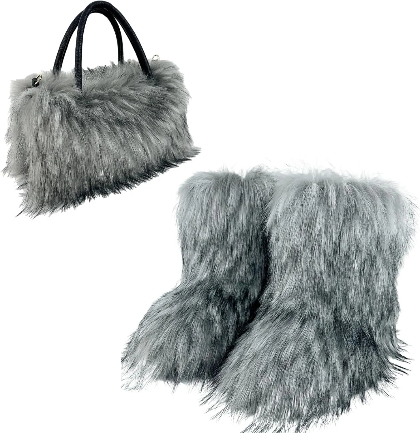 Women's Shoulder Handbags Faux Fur Tote Bag Fluffy Handbags Winter Handbag Boots Set Plush Tote Bag Mid Calf Boots, Gray 36