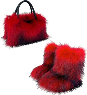 Women's Shoulder Handbags Faux Fur Tote Bag Fluffy Handbags Winter Handbag Boots Set Plush Tote Bag Mid Calf Boots, Red 44