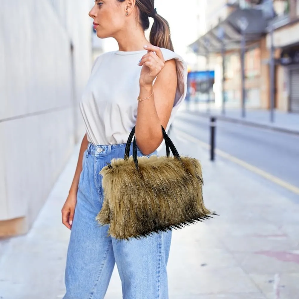 Women's Shoulder Handbags Faux Fur Tote Bag Fluffy Handbags Winter Handbag Boots Set Plush Tote Bag Mid Calf Boots, Red 44