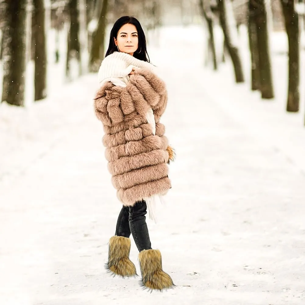 Women's Shoulder Handbags Faux Fur Tote Bag Fluffy Handbags Winter Handbag Boots Set Plush Tote Bag Mid Calf Boots, Red 44