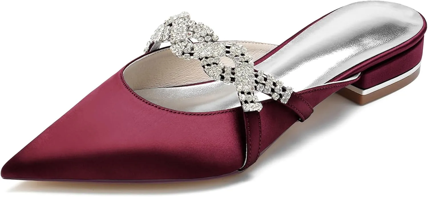 Women's Slingback Satin Wedding Flats Pearls Bridal Shoes Pointed Toe Prom Evening Bridal Party Dress Flats