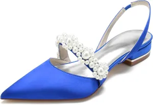 Women's Slingback Satin Wedding Flats Pearls Bridal Shoes Pointed Toe Prom Evening Bridal Party Dress Flats