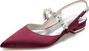 Women's Slingback Satin Wedding Flats Rhinestone Bridal Shoes Pointed Toe Prom Evening Bridal Party Dress Flats
