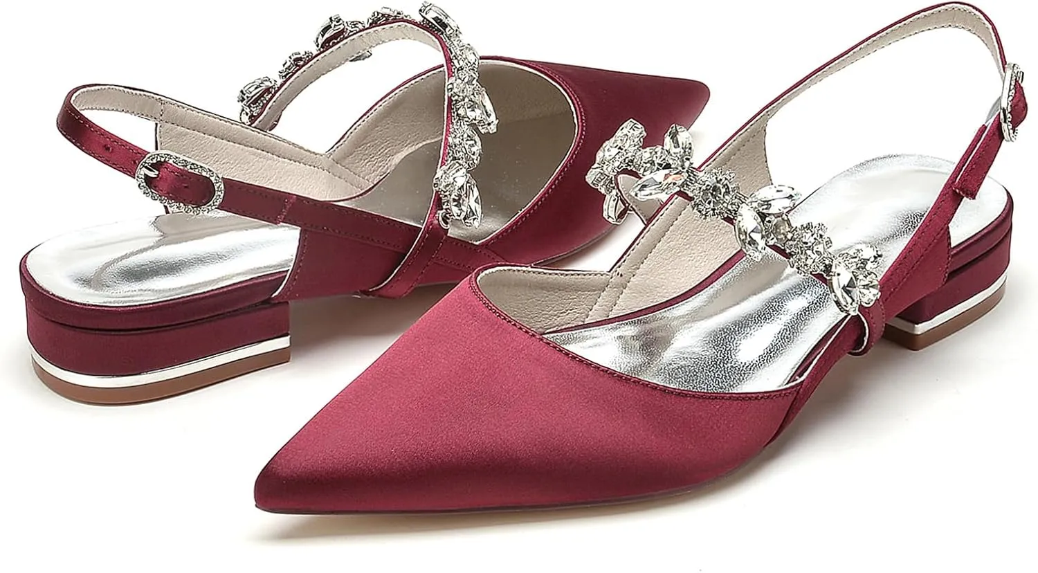 Women's Slingback Satin Wedding Flats Rhinestone Bridal Shoes Pointed Toe Prom Evening Bridal Party Dress Flats
