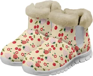 Women's Slip On Snow Boots Winter Warm Furry Lined Shoes Fruit Print Ankle Boots Outdoor Non Slip Thicken Short Boot