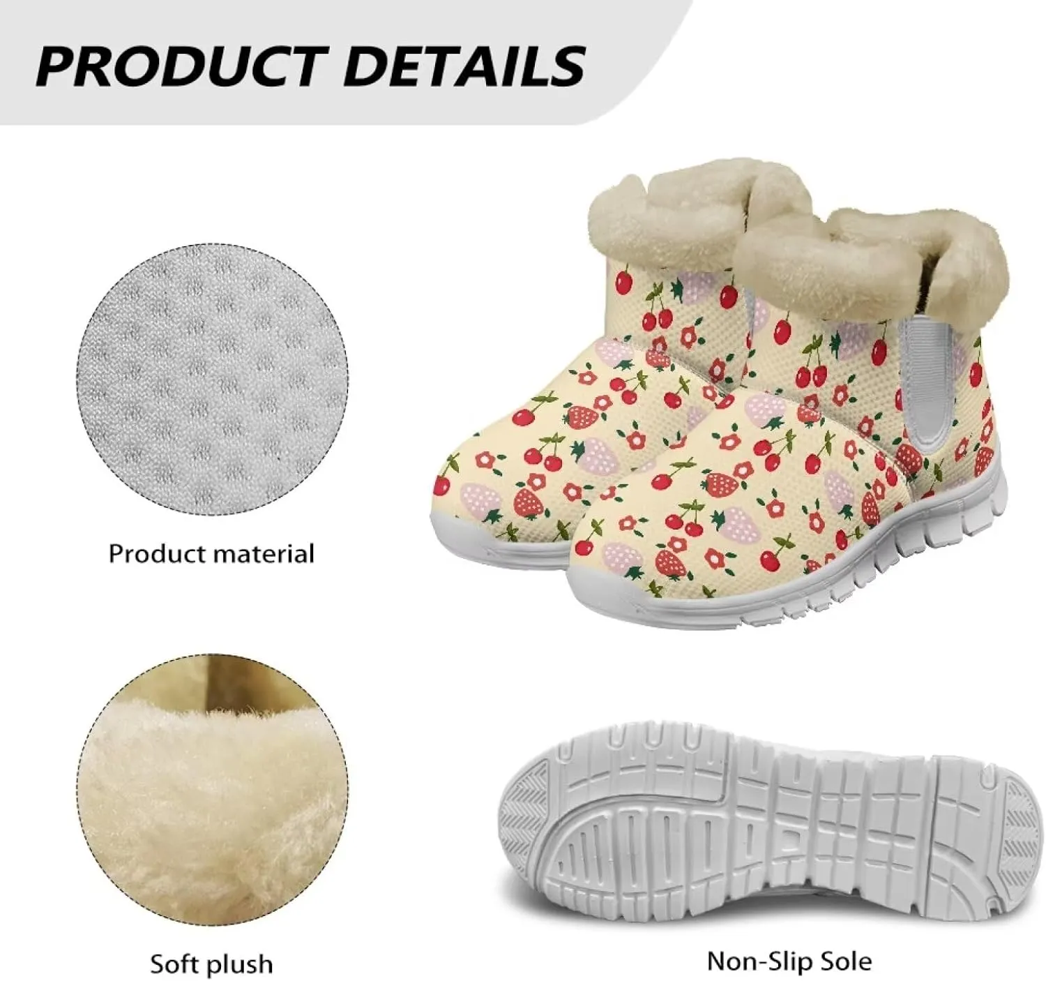 Women's Slip On Snow Boots Winter Warm Furry Lined Shoes Fruit Print Ankle Boots Outdoor Non Slip Thicken Short Boot