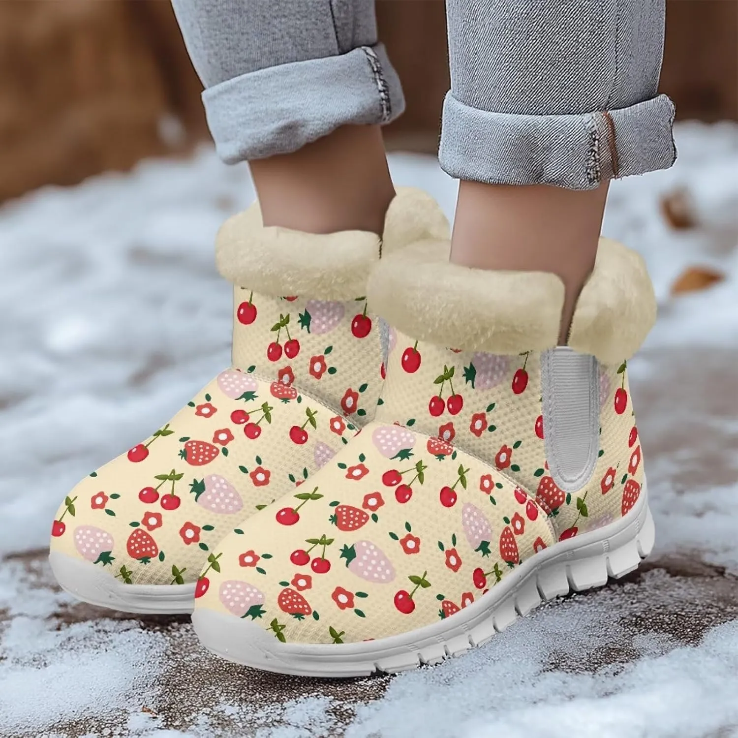 Women's Slip On Snow Boots Winter Warm Furry Lined Shoes Fruit Print Ankle Boots Outdoor Non Slip Thicken Short Boot