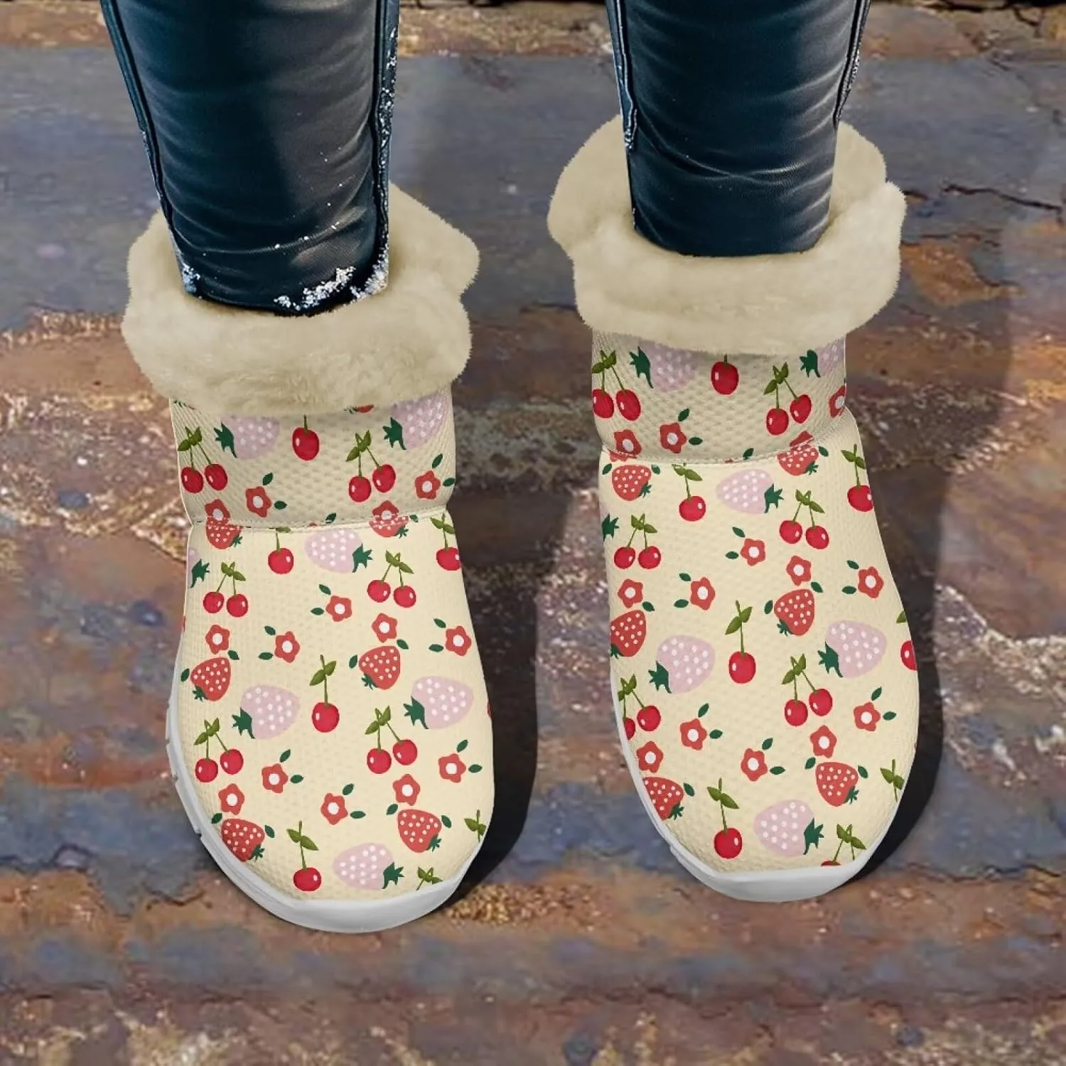 Women's Slip On Snow Boots Winter Warm Furry Lined Shoes Fruit Print Ankle Boots Outdoor Non Slip Thicken Short Boot