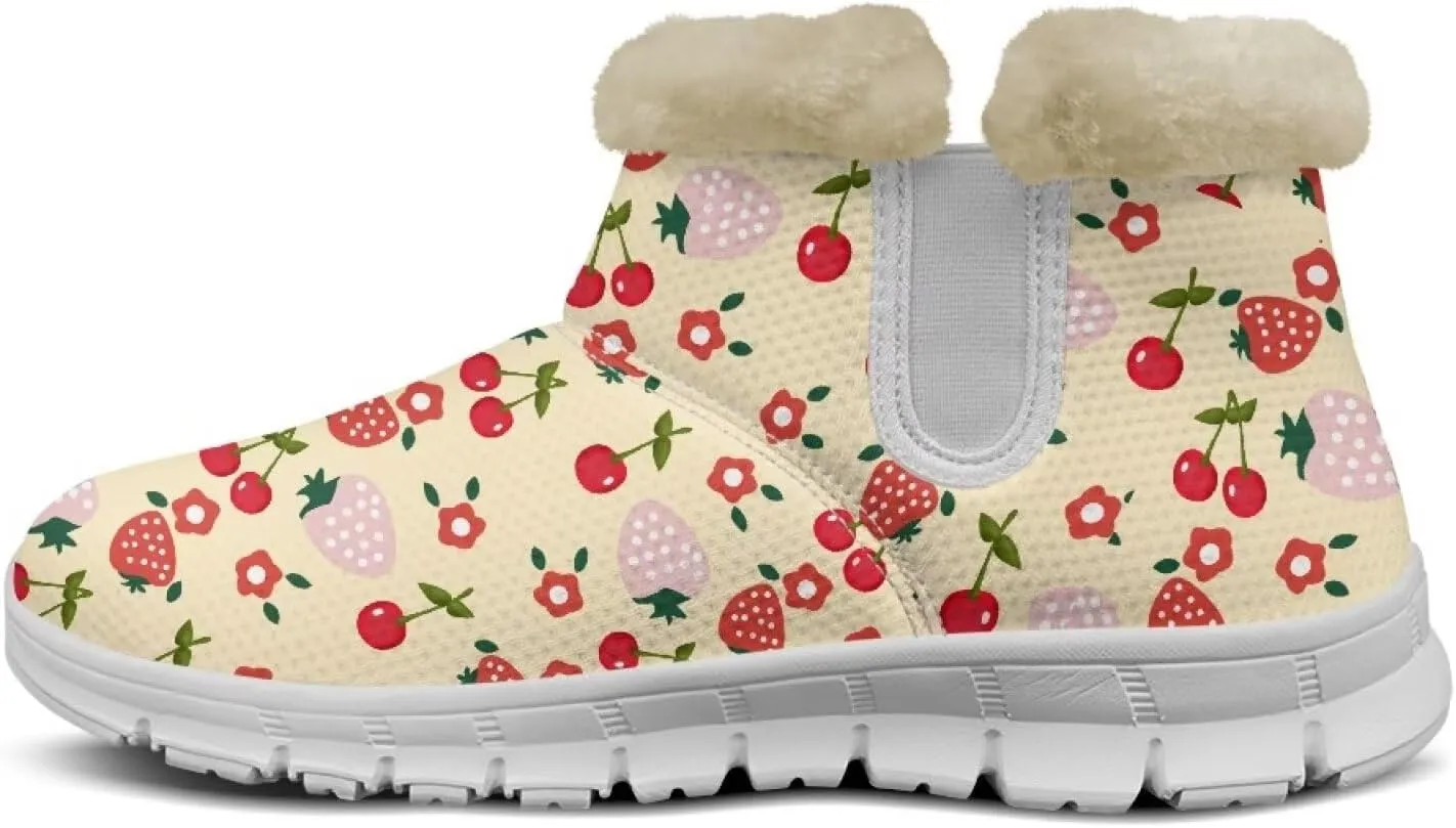 Women's Slip On Snow Boots Winter Warm Furry Lined Shoes Fruit Print Ankle Boots Outdoor Non Slip Thicken Short Boot
