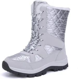 Women's Snow Boots Round Toe Vintage Waterproof Ankle Boots Casual Pigskin Lace-up Winter Boots (Color : Silver, Size : 8.5 US)