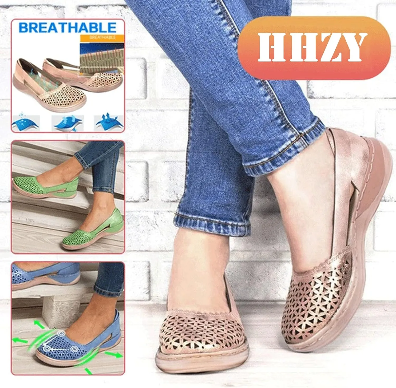 Womens Soft Leather Sandals Comfortable Flat Shoes Non-Slip Hollow Closed Toe Summer Sandals Ladies Slip on Moccasins Loafers Beach Shoes,Brown,US9/EU40