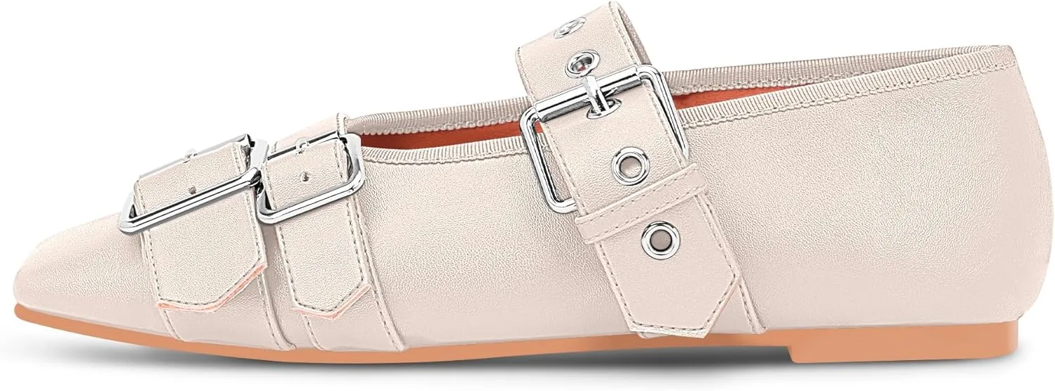 Women's Square Toe Ballet Flats with Buckle Straps Comfortable Mary Jane Shoes