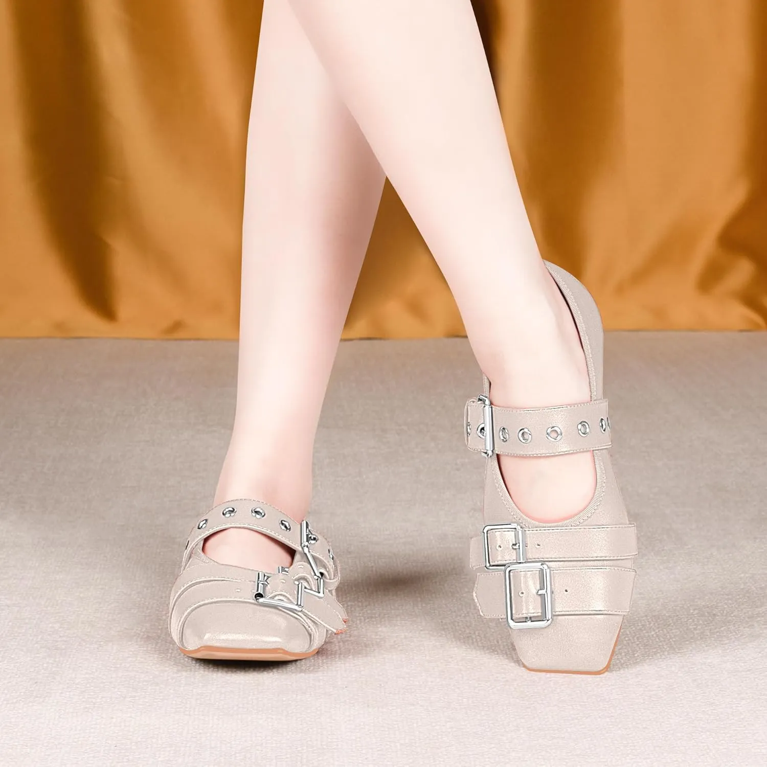 Women's Square Toe Ballet Flats with Buckle Straps Comfortable Mary Jane Shoes