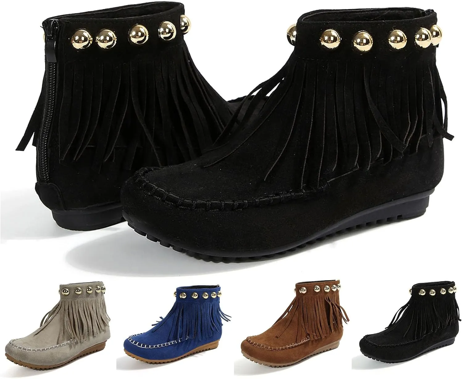 Womens Suede Leather Booties Fringe Tassel Moccasln Ankle Boots Retro Round Toe Zipper Closure Flat Heel Black