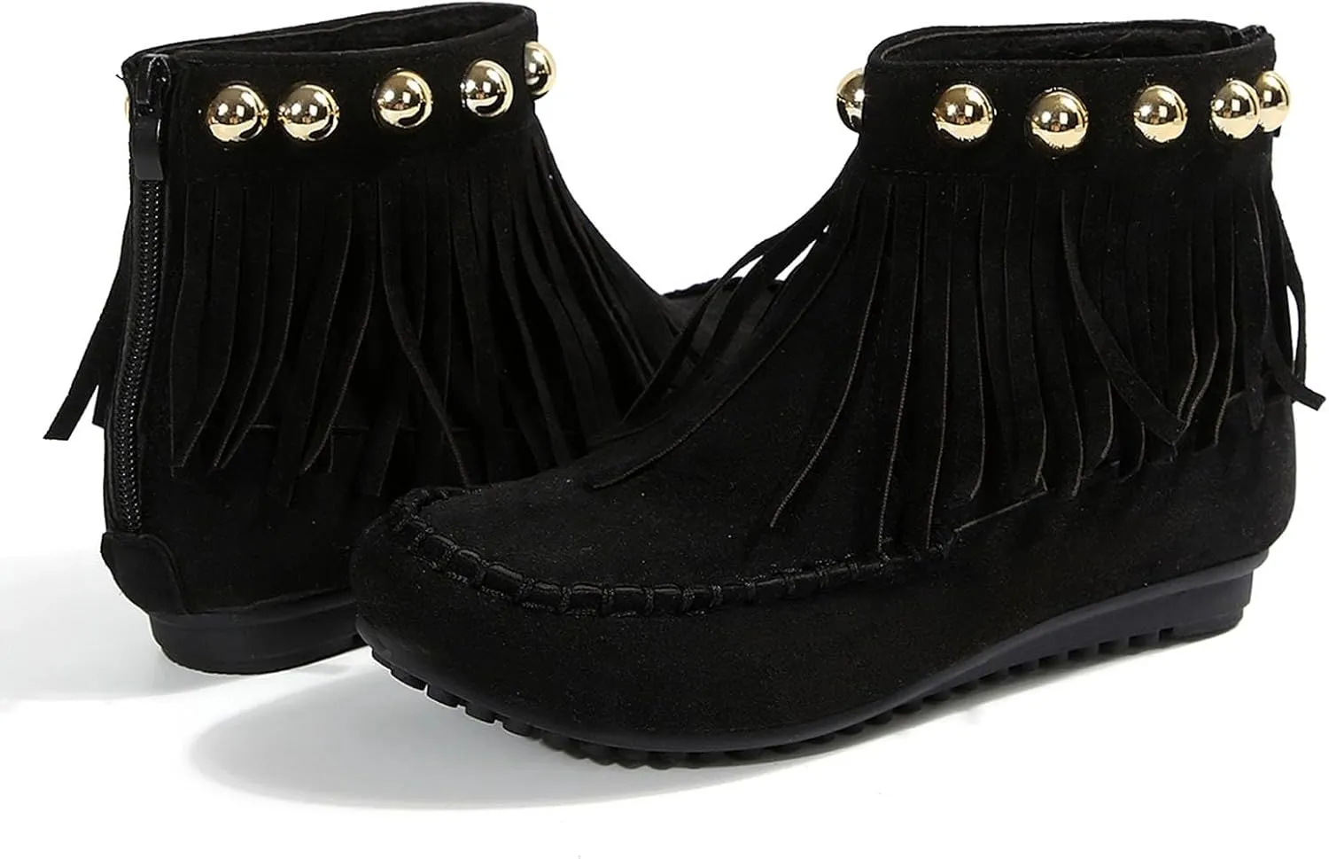 Womens Suede Leather Booties Fringe Tassel Moccasln Ankle Boots Retro Round Toe Zipper Closure Flat Heel Black