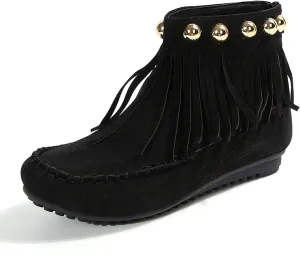 Womens Suede Leather Booties Fringe Tassel Moccasln Ankle Boots Retro Round Toe Zipper Closure Flat Heel Black