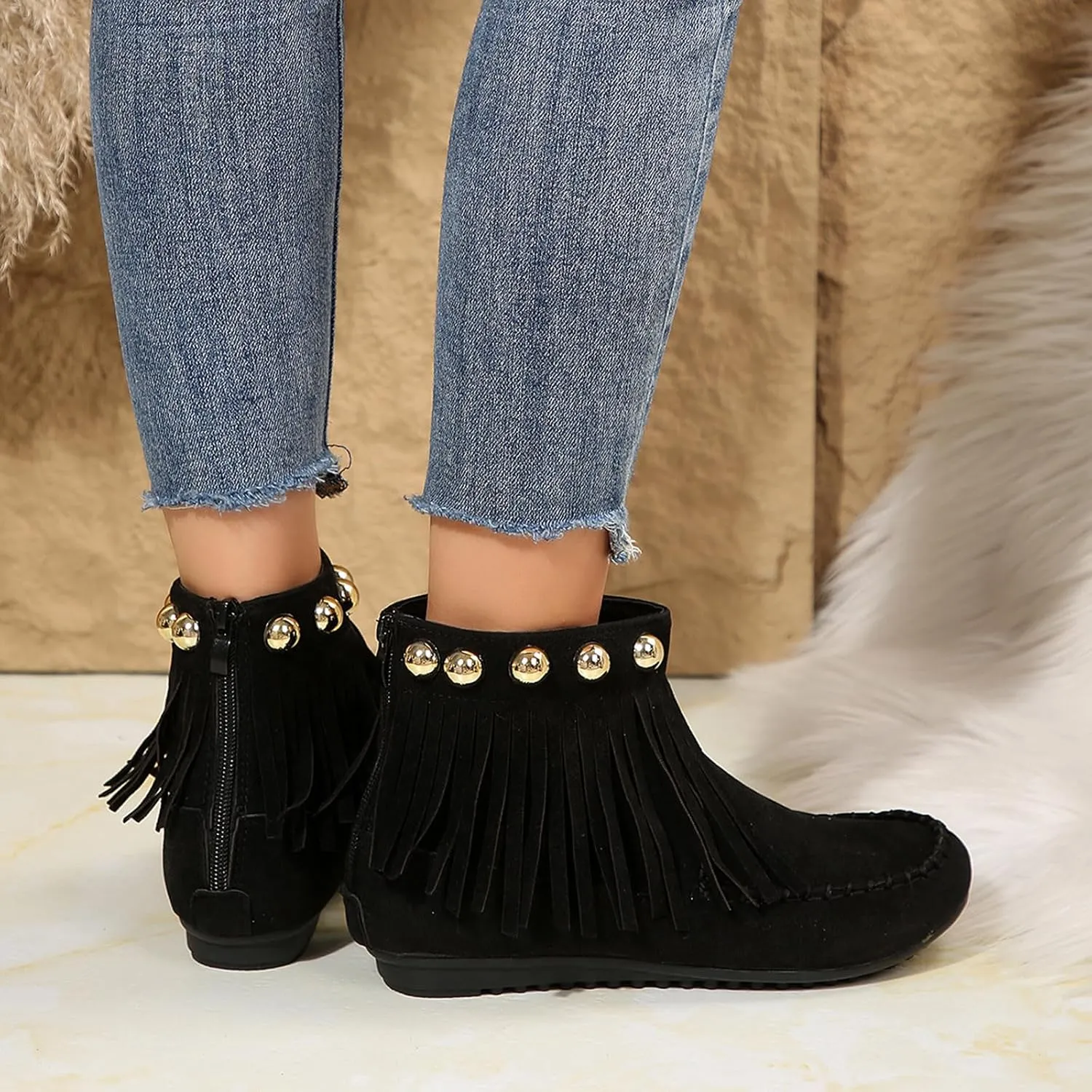 Womens Suede Leather Booties Fringe Tassel Moccasln Ankle Boots Retro Round Toe Zipper Closure Flat Heel Black