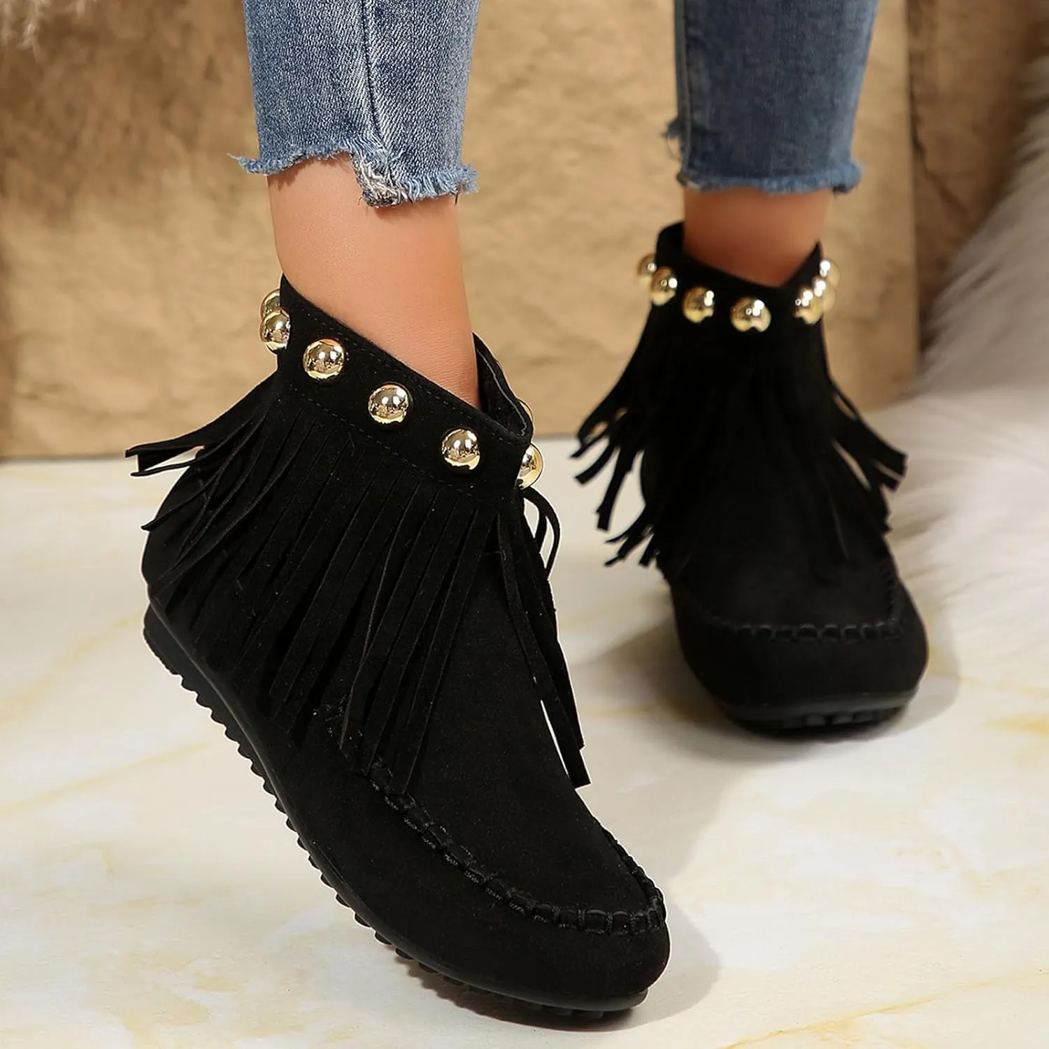 Womens Suede Leather Booties Fringe Tassel Moccasln Ankle Boots Retro Round Toe Zipper Closure Flat Heel Black