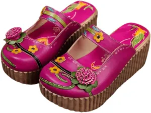 Women's Summer Leather Slipper Colorful Vintage Flower Sandals Boho Comfort Platform Wedges Spring Slip-On Backless Clogs Slides
