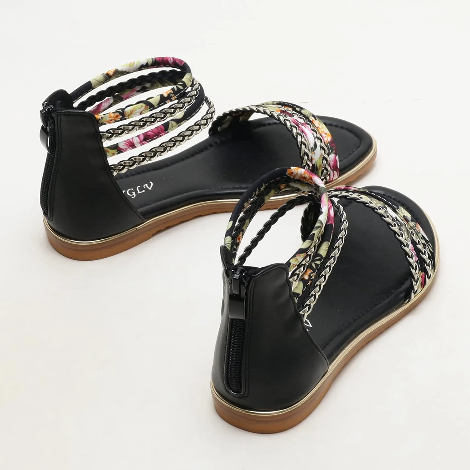 Womens Summer Rhinestone Embellished Flat Braided Shoes Studding Gladiator Sandals with Zipper Closure