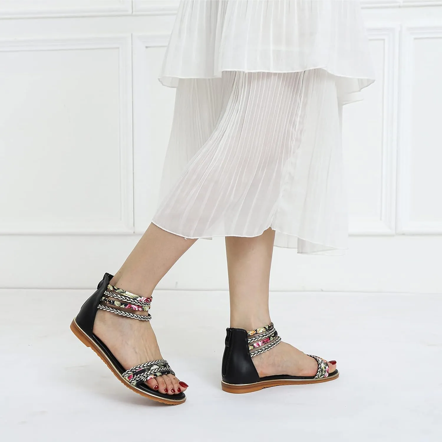 Womens Summer Rhinestone Embellished Flat Braided Shoes Studding Gladiator Sandals with Zipper Closure