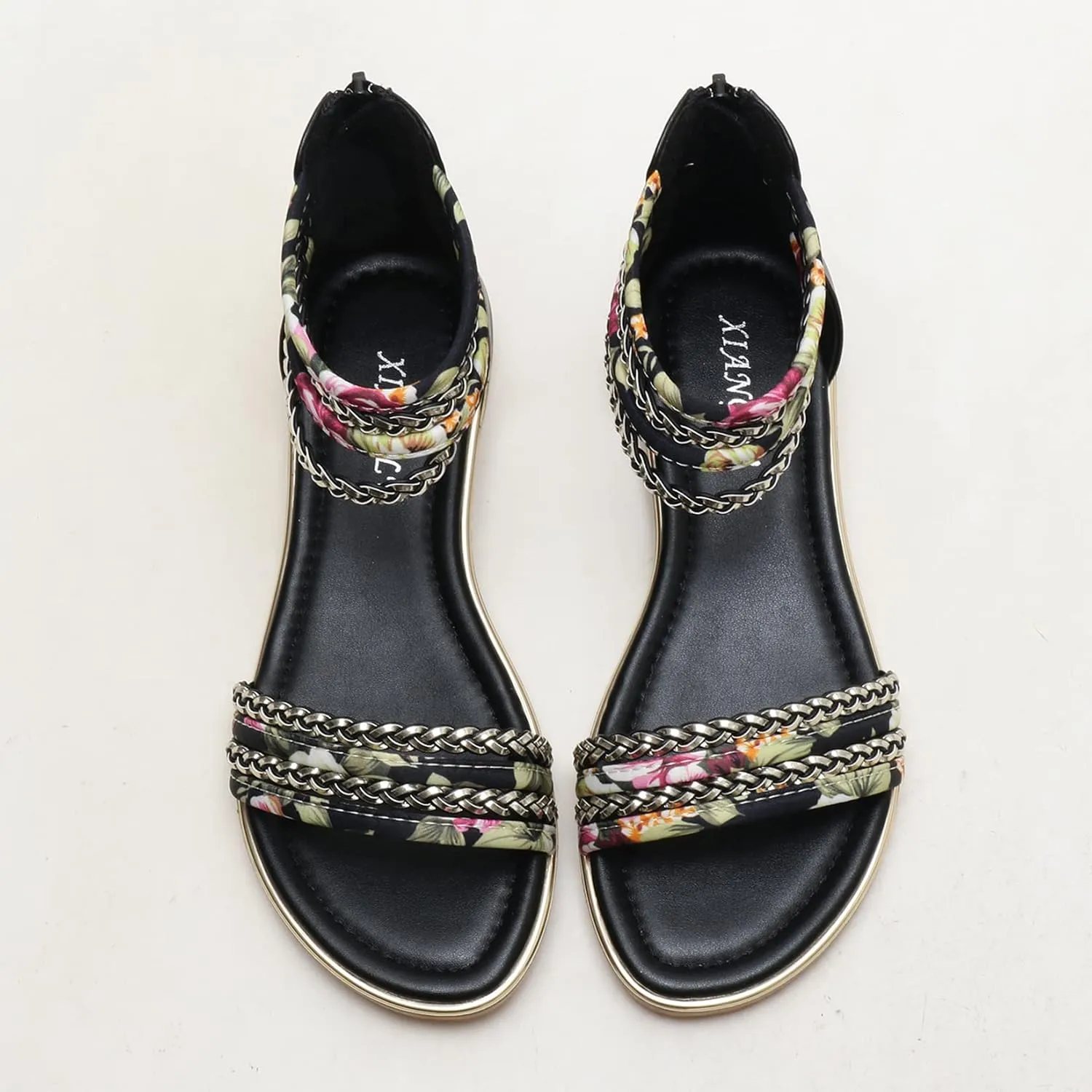 Womens Summer Rhinestone Embellished Flat Braided Shoes Studding Gladiator Sandals with Zipper Closure