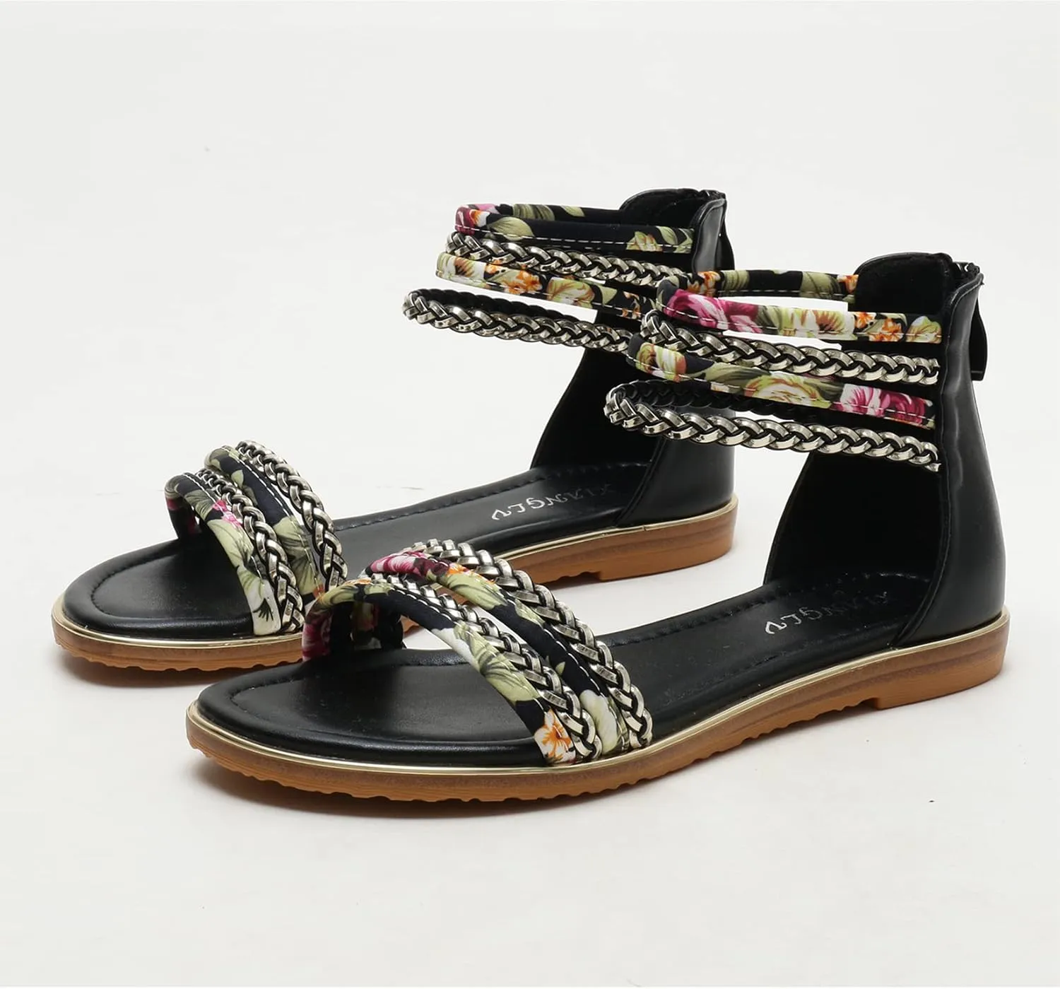 Womens Summer Rhinestone Embellished Flat Braided Shoes Studding Gladiator Sandals with Zipper Closure