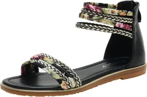Womens Summer Rhinestone Embellished Flat Braided Shoes Studding Gladiator Sandals with Zipper Closure