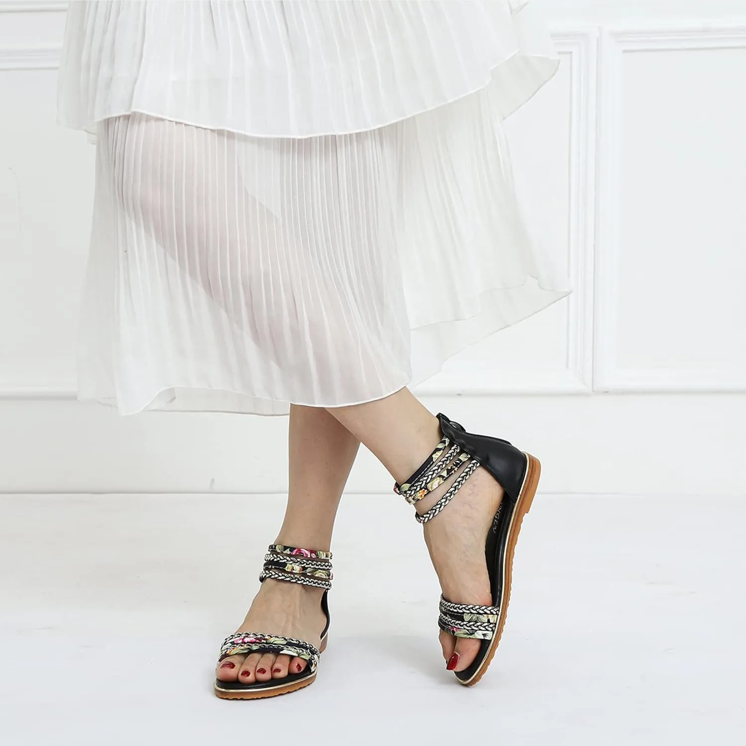 Womens Summer Rhinestone Embellished Flat Braided Shoes Studding Gladiator Sandals with Zipper Closure