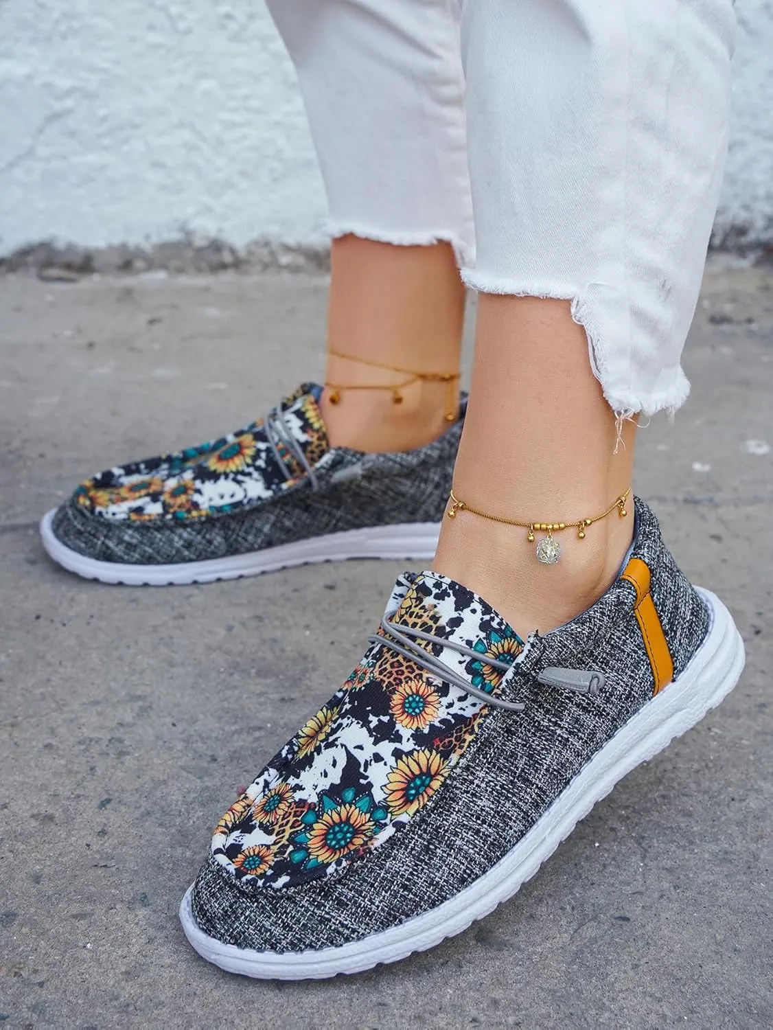 Women's Sunflower Slip-on Gray Canvas Loafers Lace-up Checkered Pattern Floral Pattern Design Sneakers Arch Support Cushion Sole Casual Trendy Comfortable Walking Driving Boat Shoes