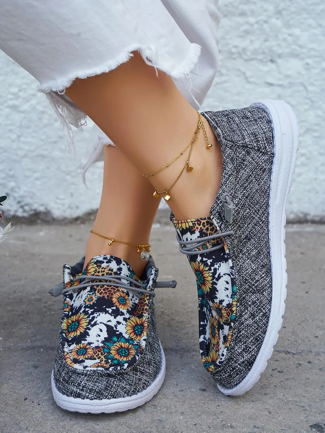 Women's Sunflower Slip-on Gray Canvas Loafers Lace-up Checkered Pattern Floral Pattern Design Sneakers Arch Support Cushion Sole Casual Trendy Comfortable Walking Driving Boat Shoes