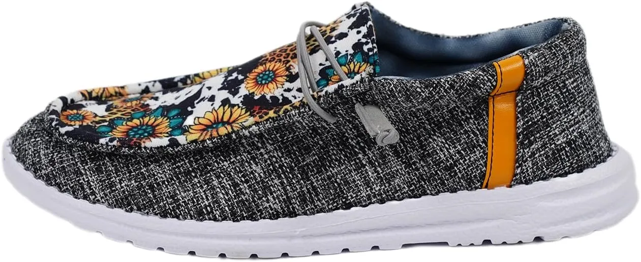 Women's Sunflower Slip-on Gray Canvas Loafers Lace-up Checkered Pattern Floral Pattern Design Sneakers Arch Support Cushion Sole Casual Trendy Comfortable Walking Driving Boat Shoes