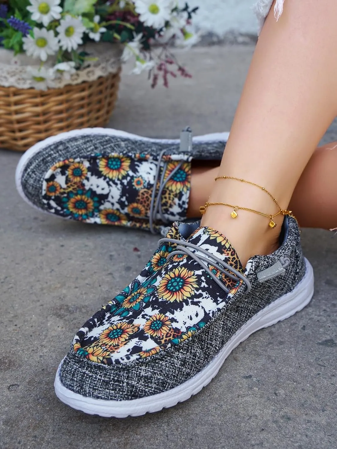 Women's Sunflower Slip-on Gray Canvas Loafers Lace-up Checkered Pattern Floral Pattern Design Sneakers Arch Support Cushion Sole Casual Trendy Comfortable Walking Driving Boat Shoes