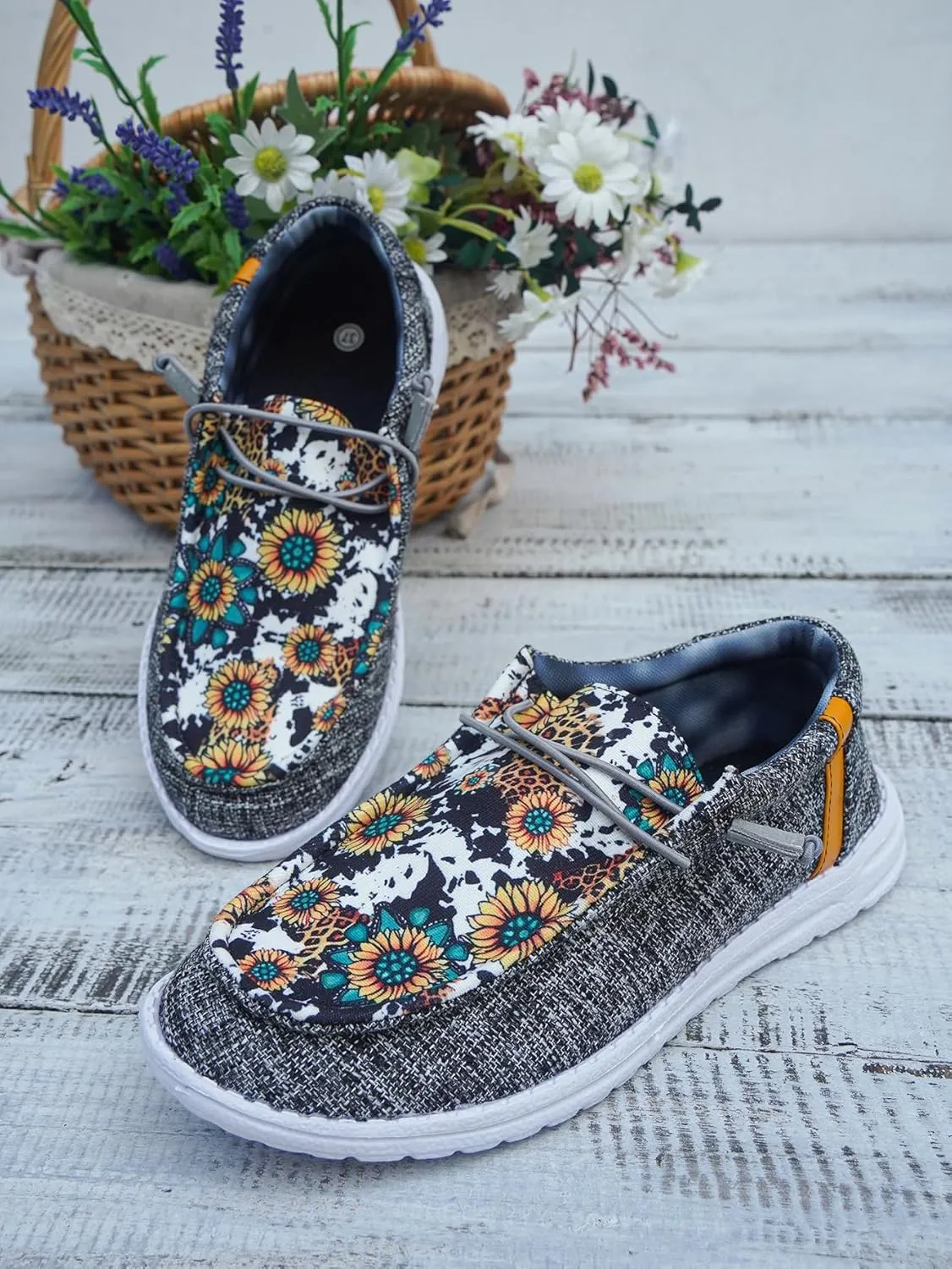 Women's Sunflower Slip-on Gray Canvas Loafers Lace-up Checkered Pattern Floral Pattern Design Sneakers Arch Support Cushion Sole Casual Trendy Comfortable Walking Driving Boat Shoes