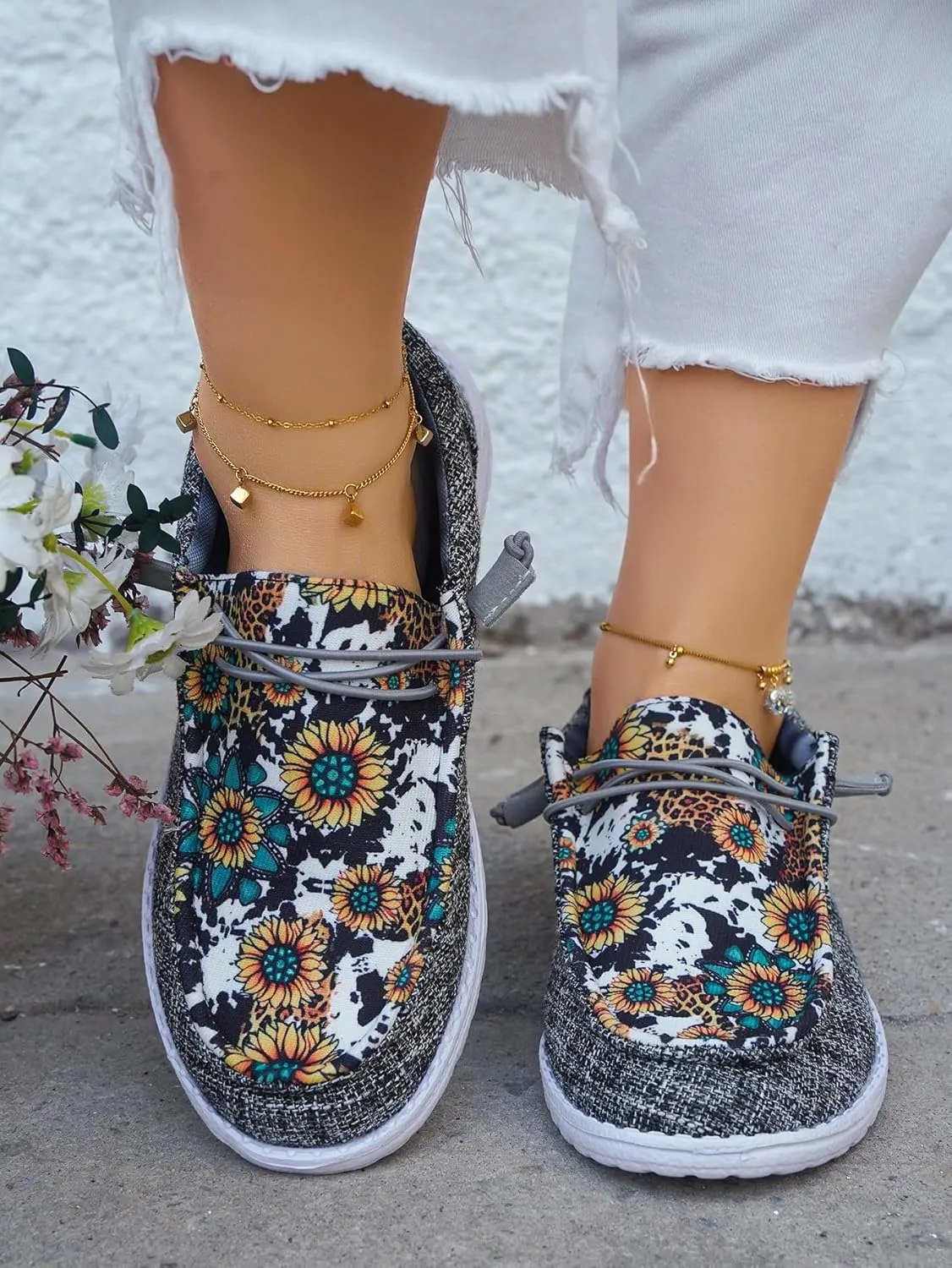 Women's Sunflower Slip-on Gray Canvas Loafers Lace-up Checkered Pattern Floral Pattern Design Sneakers Arch Support Cushion Sole Casual Trendy Comfortable Walking Driving Boat Shoes